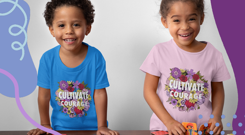 Left - Young child in blue Cultivate Courage Shirt, Right - Young child in pink Cultivate Courage Shirt