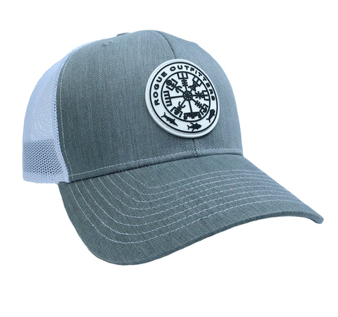 rogue outfitters viking heathered compass patch trucker hat grey fishing