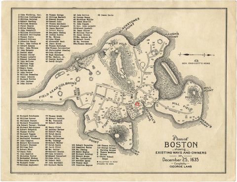 Carte de Boston, 1635, montrant l'emplacement de la taverne de Fairbanks.