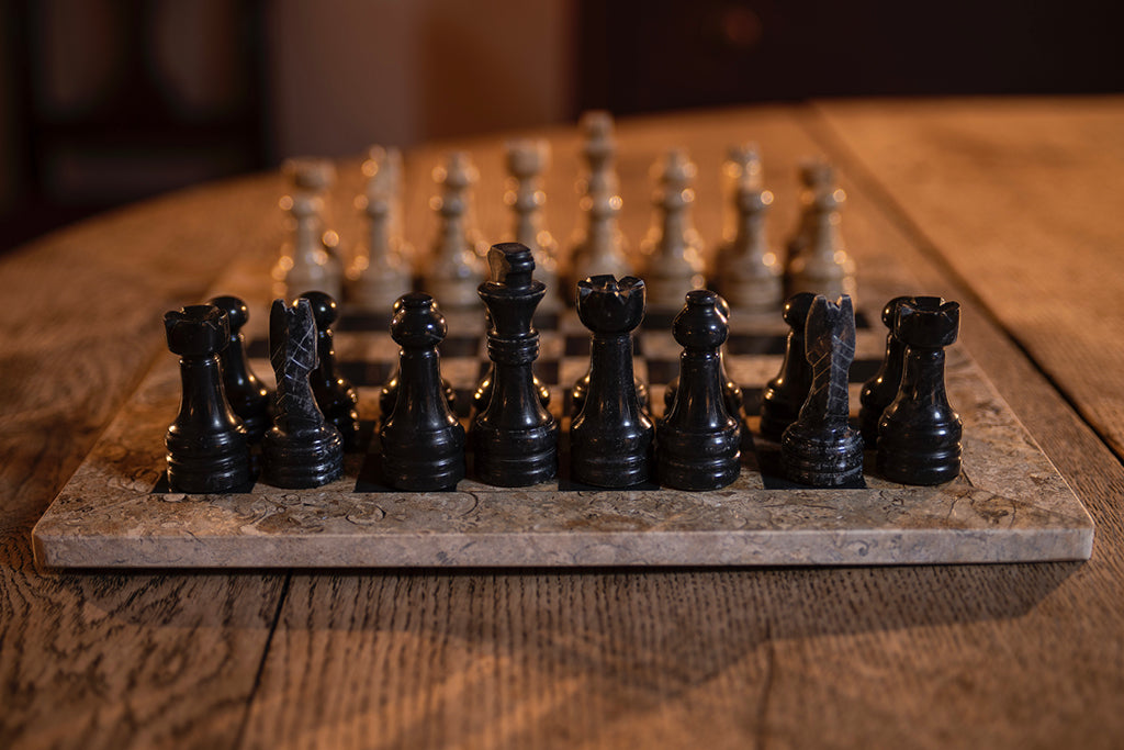 Luxury brown leather and marble chess set board with roman