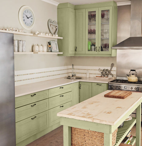 Green kitchen painted in Colourtrend Scullery Green