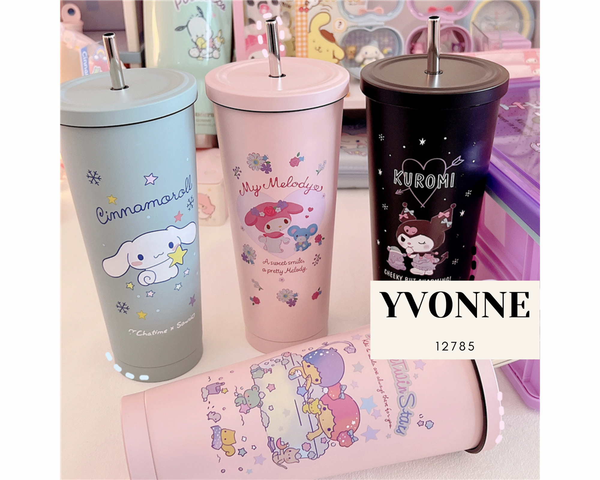 Frosted Glass Hello Kitty and Kuromi Pink Tumbler Cup Mug 25oz