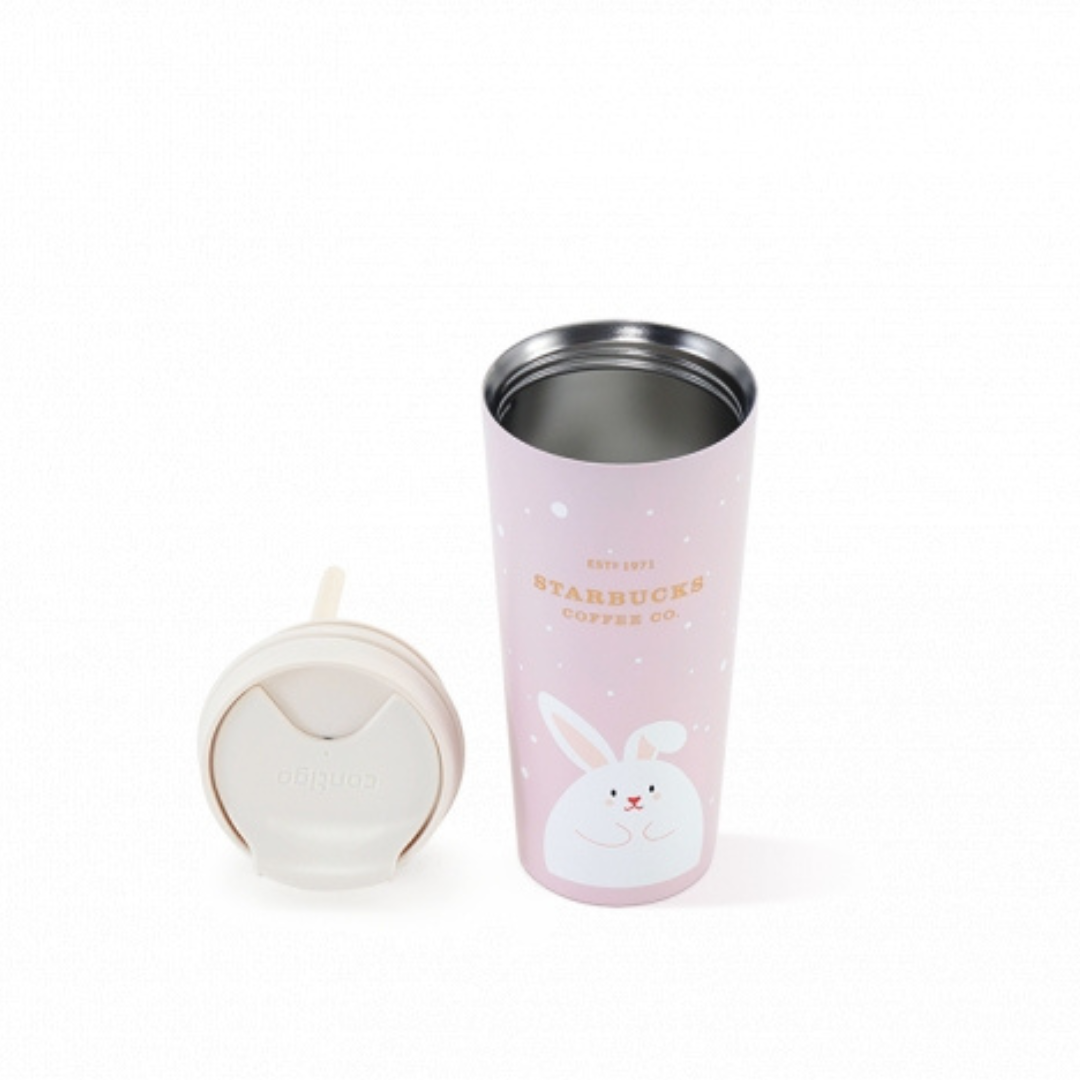 Cute Bunny Tumbler with Lid and Straw, Bunny Gifts for Women Girls, Pink Kawaii Rabbit Bunny Coffee Mug Cups Water Bottle, Stainless Steel Thermal