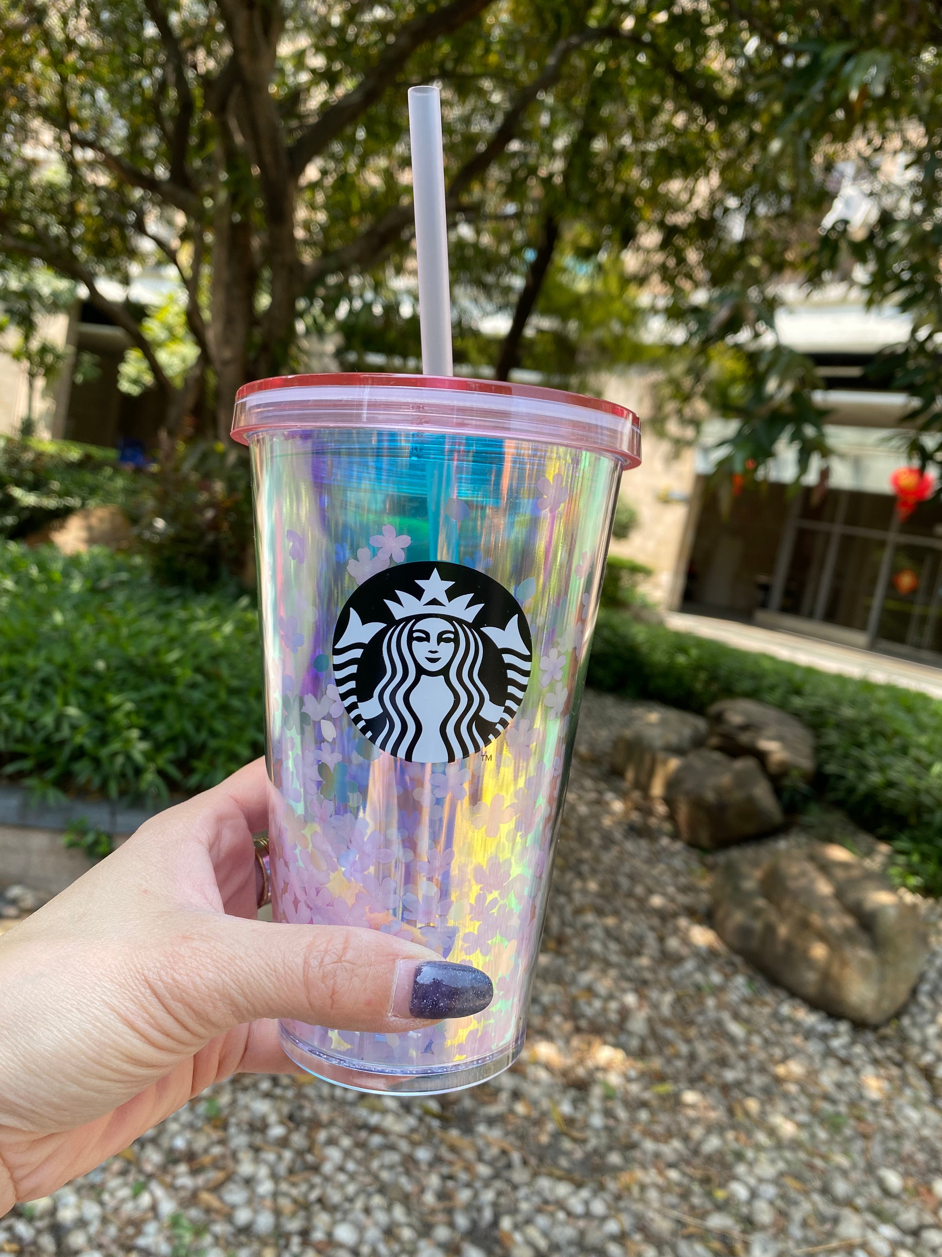 Starbucks Purple Cherry Blossom 12oz Plastic Straw Cup Dome Tumbler