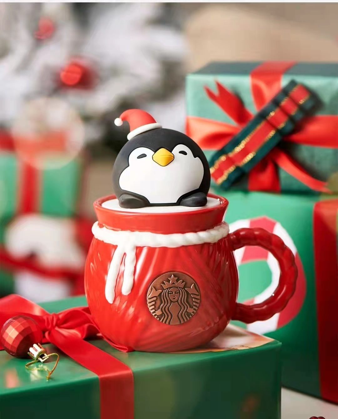 Starbucks China Red Christmas 14oz Black Penguin Glass Mug - 2021