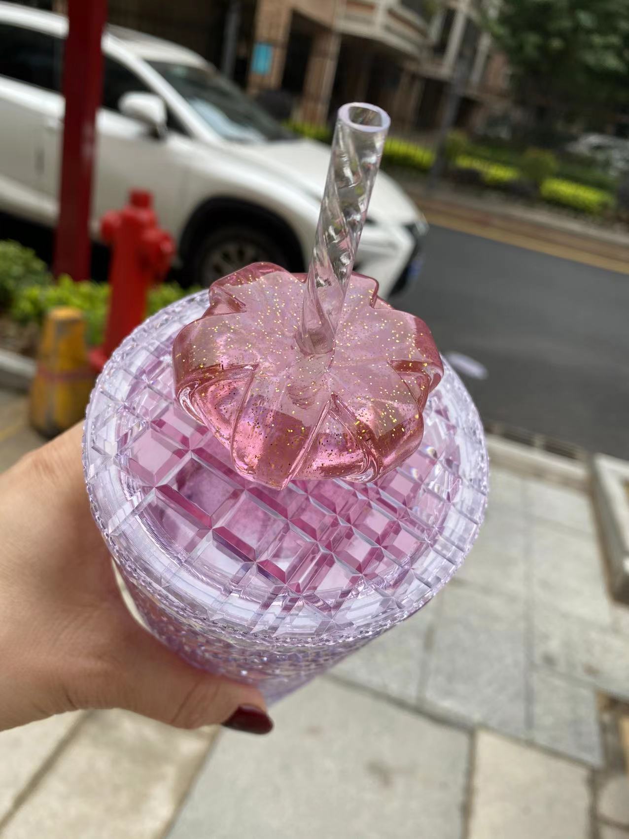 Starbucks Korea Valentines Pink Beam Handle Glass Mug