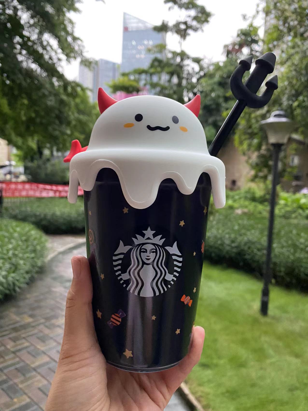 NEW Starbucks Black Halloween Mushroom Tumbler Mason Straw Cup W/ Coaster  Topper