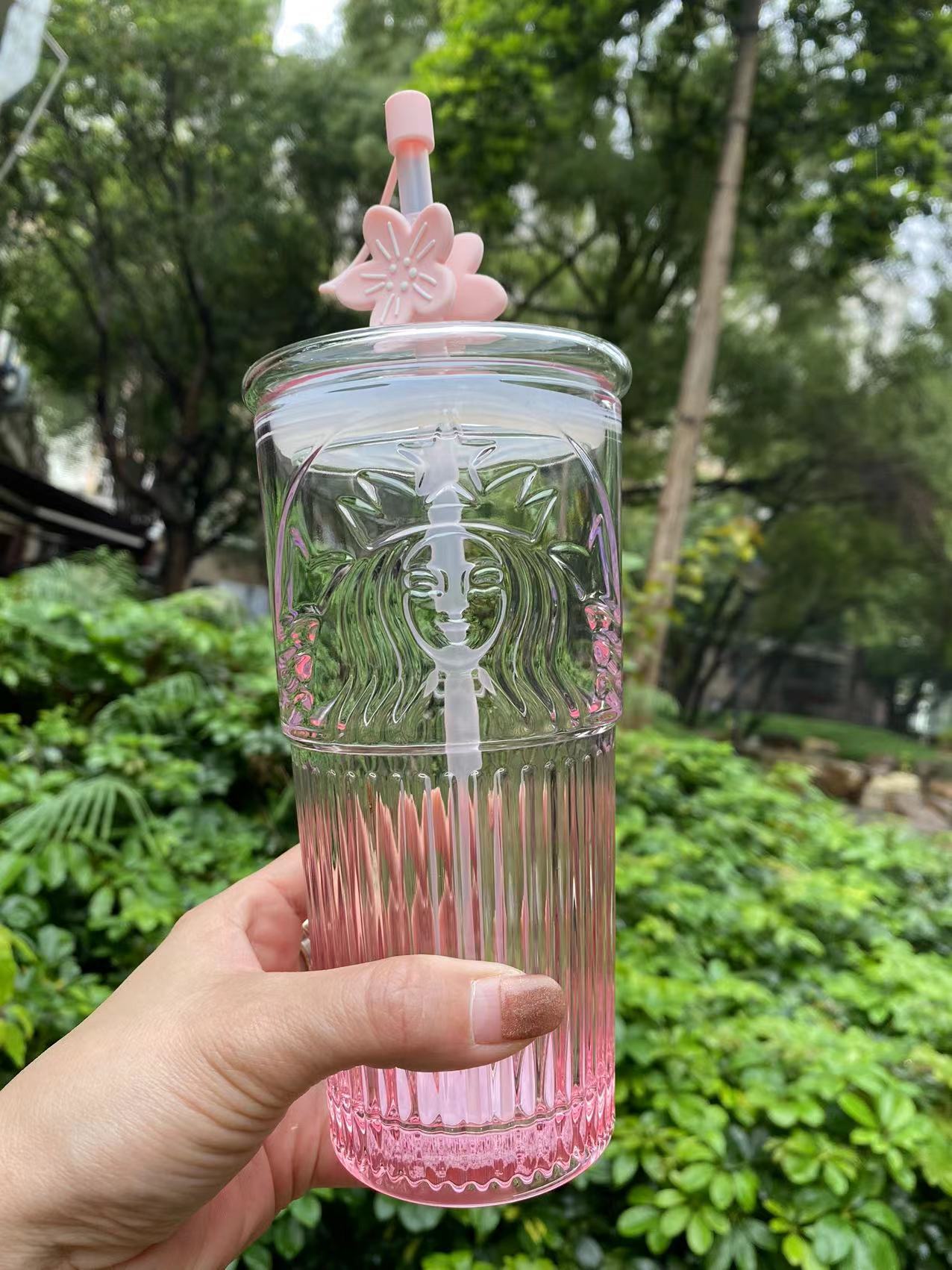 New China Starbucks Frappuccino Green Sakura Pink Double Drink Glass Straw  Cup