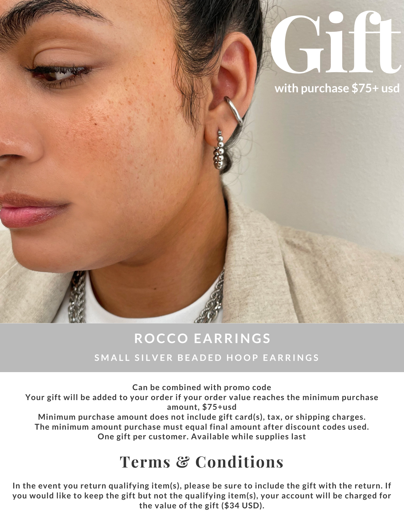 free gift with purchase over $75 Rocco small silver beaded hoop earrings silver waterproof jewelry