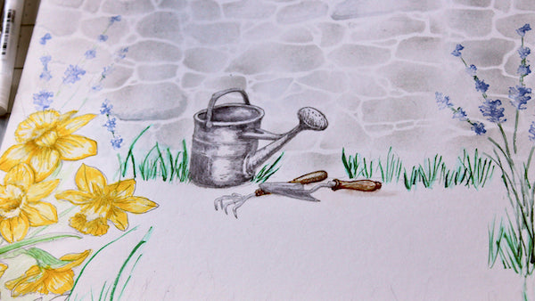 Cobblestone Stencil Landscape #clubscrap #garden #stencil #rubberstamping #watercolor