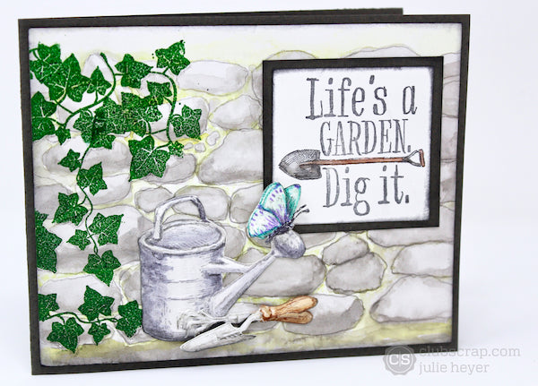 Garden Card featuring the Cobblestone Stencil #clubscrap #stencil #watercolor #rubberstamps
