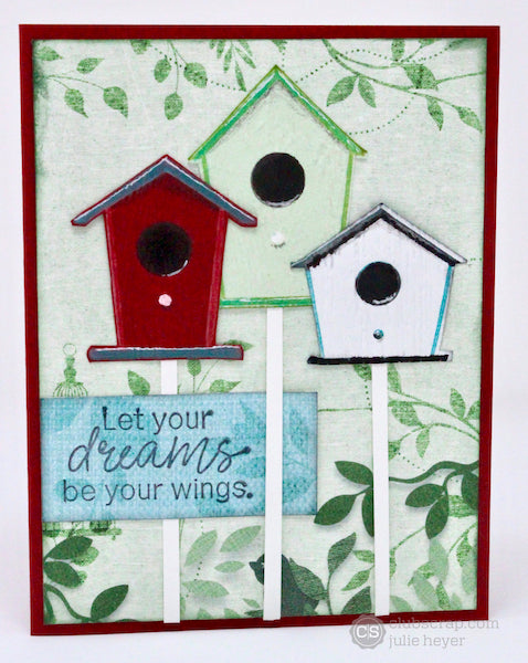 Birdhouses Card with the Aviary Collection #clubscrap #cardmaking #sizzix #birdhouses #embossing