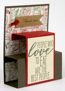 Stamp the sentiments and pizza onto the Red card base with white pigment ink. I love how this ink contrasts with the red paper. Heat set to prevent smearing, or set the card aside to dry completely.