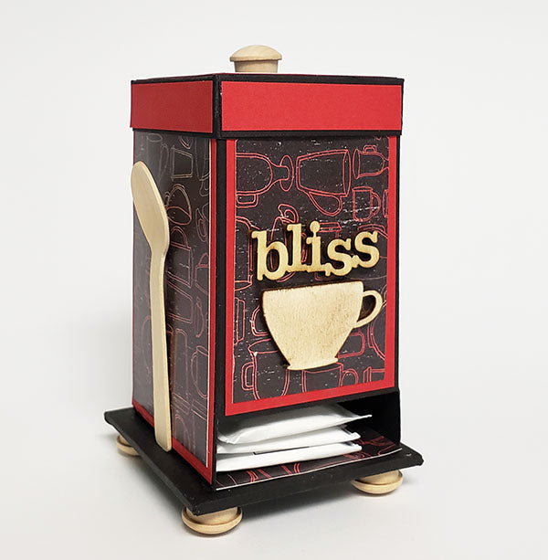 Create a tea-rrific tea bag dispenser using Club Scrap's Coffeehouse collection and Tricia's quick 'n easy project instructions. #clubscrap #tea #papercrafting #crafts #handmade