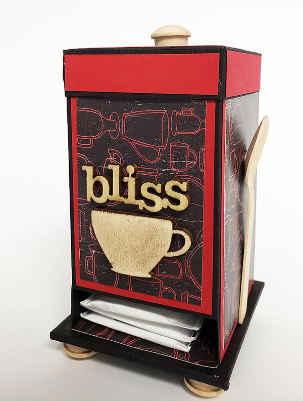 Create a tea-rrific tea bag dispenser using Club Scrap's Coffeehouse collection and Tricia's quick 'n easy project instructions. #clubscrap #tea #papercrafting #crafts #handmade
