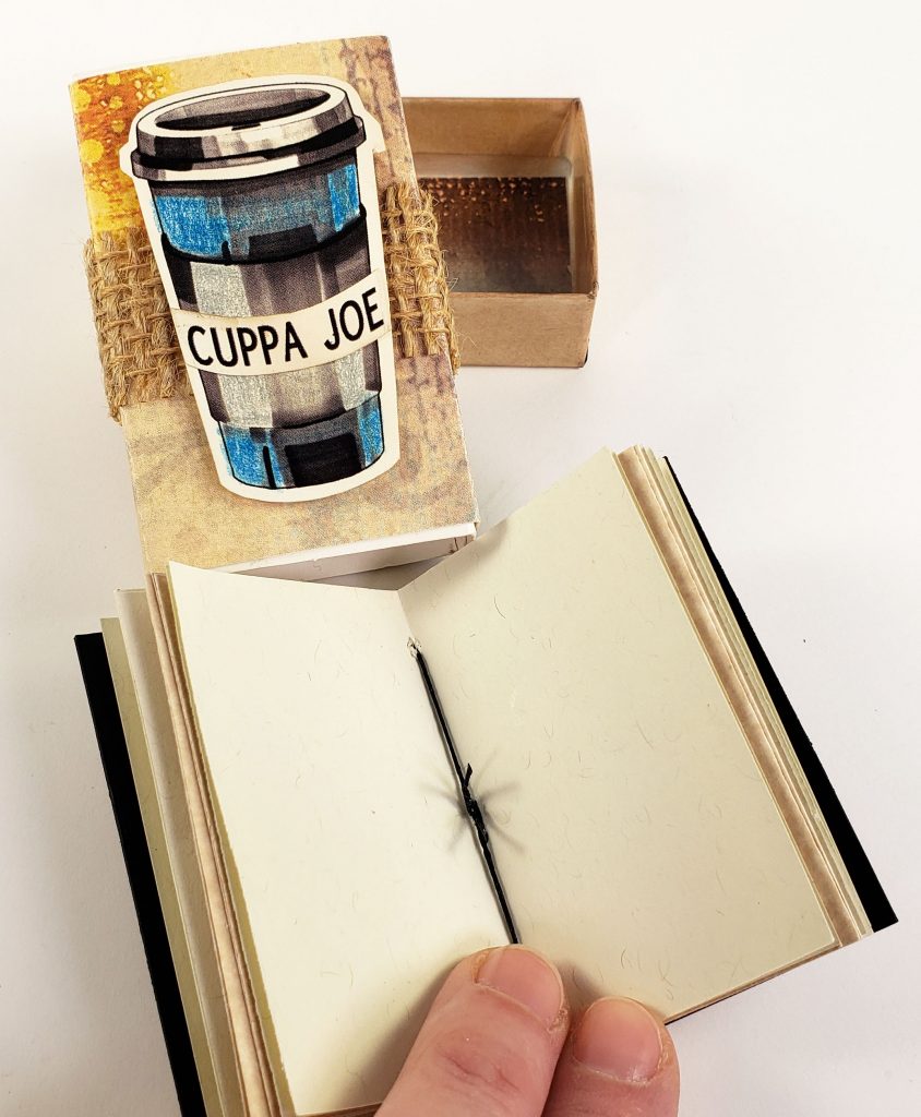 Create a coffee-themed matchbox mini album from folding board using a simple pamphlet stitch. 