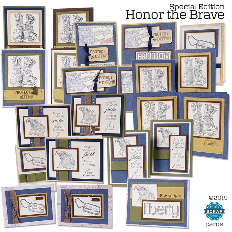Honor the Brave Stamps - Turn the Honor the Brave page kit into a set of 22 stamped cards. #clubscrap #cardmaking #honorthebrave