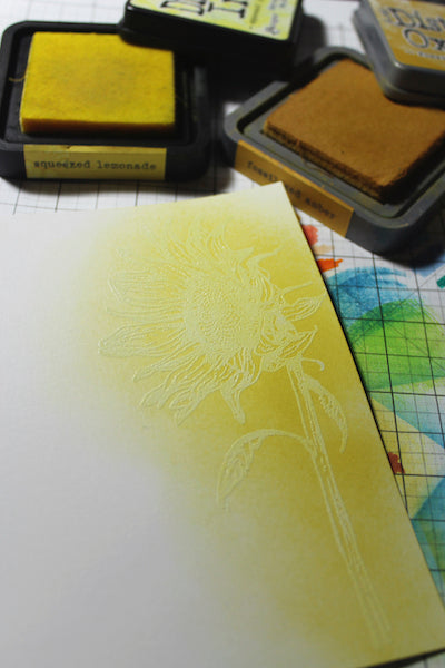 Sunflower Stamp embossed resist with colored pencils #embossing #clubscrap #sunflower #technique #cardmaking