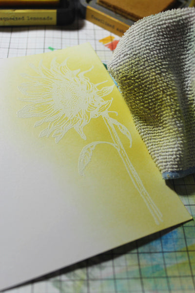 Sunflower Stamp embossed resist with colored pencils #embossing #clubscrap #sunflower #technique #cardmaking