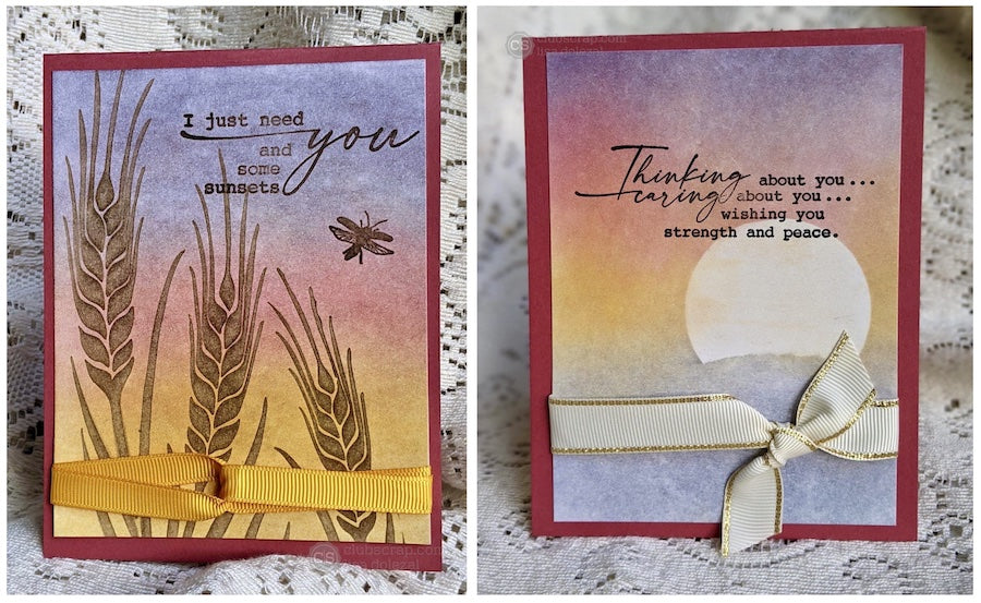 Sunset Blend Technique Challenge #clubscrap #goldenhour #sunsets #stencils #stamps #cards #panpastels