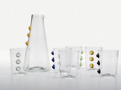 Handblown Italian carafe and glass set with multicolored dots