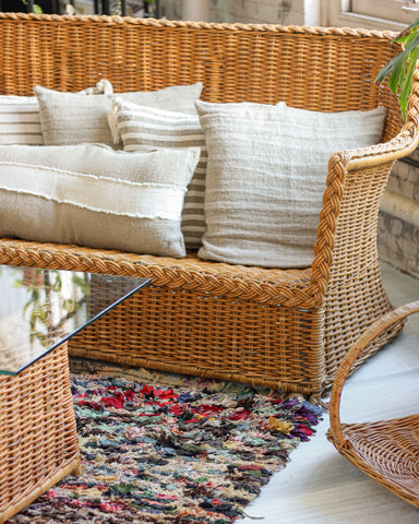 Rattan wicker table glass top and chair