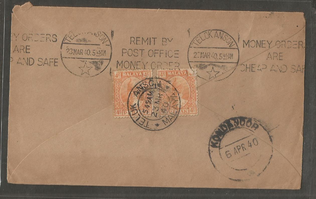 1940 Malaya Perak Stamp on Cover FROM Taluk Anson With REMIT BY POST O –  Worldwide-mint
