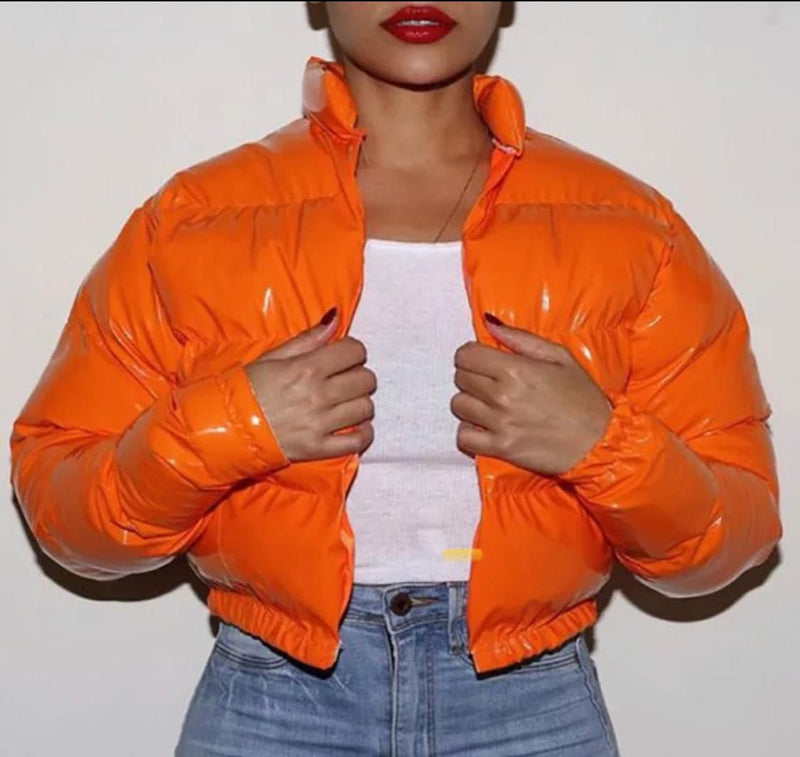 neon orange puffer jacket