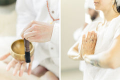 Kundalini yoga blog-my shop yoga-deux photos-une avec bol tibétain porté par yogi-autre image de mains en prière par yogi femme tunique blanche