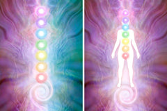 deux visuels representant les chakras colorés- un sur silhouette humaine l'autre dans une aura d'énergie-blog kundalini -my shop yoga