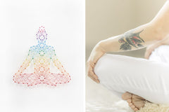 kundalini yoga blog my shop yoga-deux images-une silhouette dessinée aux couleurs des chakras- autre vue un bras tatoué d'une yogi vétu de blanc et assise en lotus