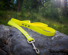 Yellow biothane dog leash on a rock