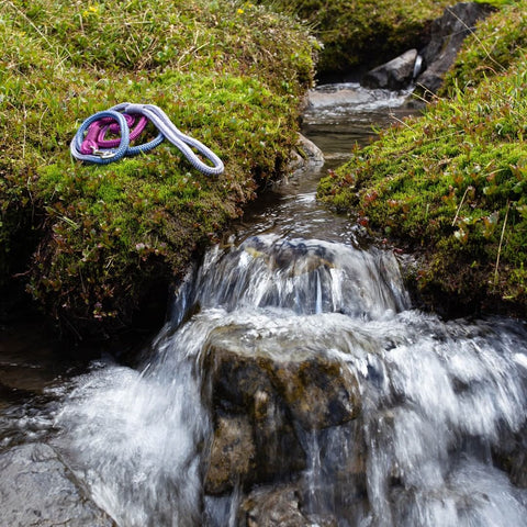 Small waterfall next to mossy green banks with a rope leash sitting on the side