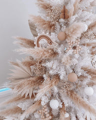 Pampas Christmas Tree with pink and white ornaments. 