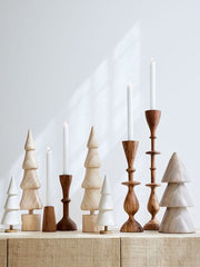 Four hand-crafted wooden candle holders with taper candles. Five hand-crafted wooden Christmas tree decorations. 