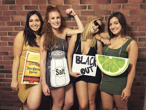 Halloween Group Costume Ideas: Tequila Shot. Four friends: tequila, salt, black out, and lime.