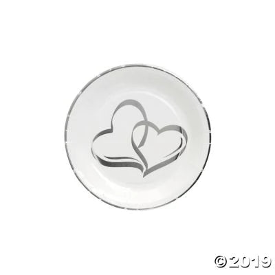 Silver paper plate with two hears on it. 
