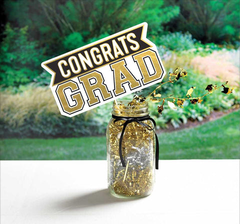 Black and Gold 2022 Graduation Centrepiece that has a "CONGRATS GRAD" Sign in a Mason Jar from Party Stuff
