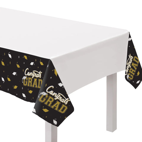 White, Black and Gold 2022 Graduation Table Cloth that says "Congrats GRAD" from Party Stuff in Winnipeg