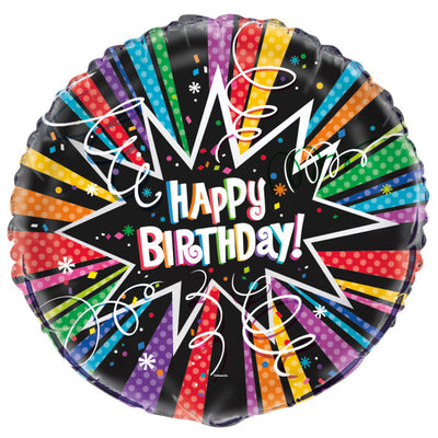 Rainbow Starburst Happy Birthday Round Foil Balloon 18", Packaged