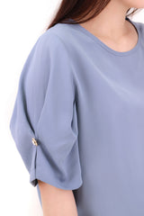 立體袖拼鈕扣雪紡上衣 - 淺藍色 - Chic Collection