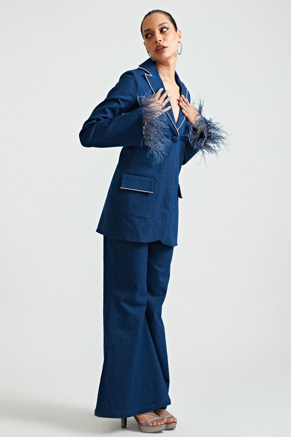 Velvet Trouser Suit In Blue Color LSTV07726