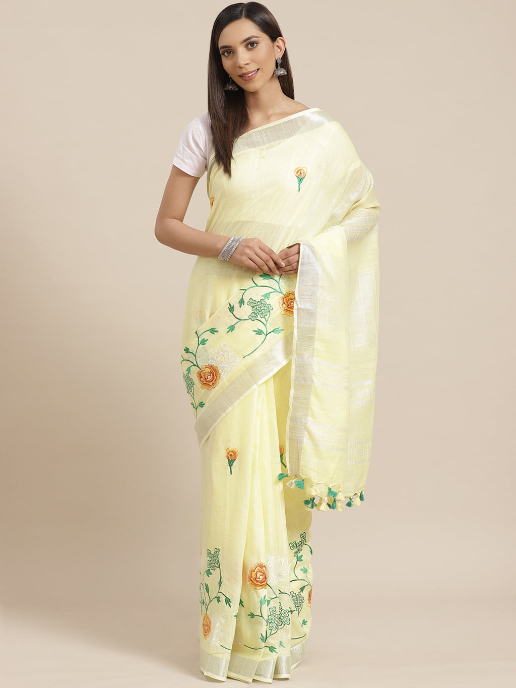 Lemon Yellow White Linen Saree- Handwoven & Sustainable Office Party –  Dharang