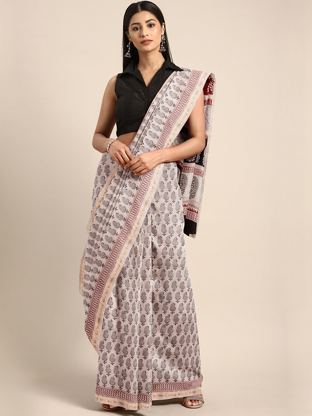 Buy Beige Handloom Maheshwari Silk Cotton Saree With Blouse for Women¿s  Online @ Tata CLiQ