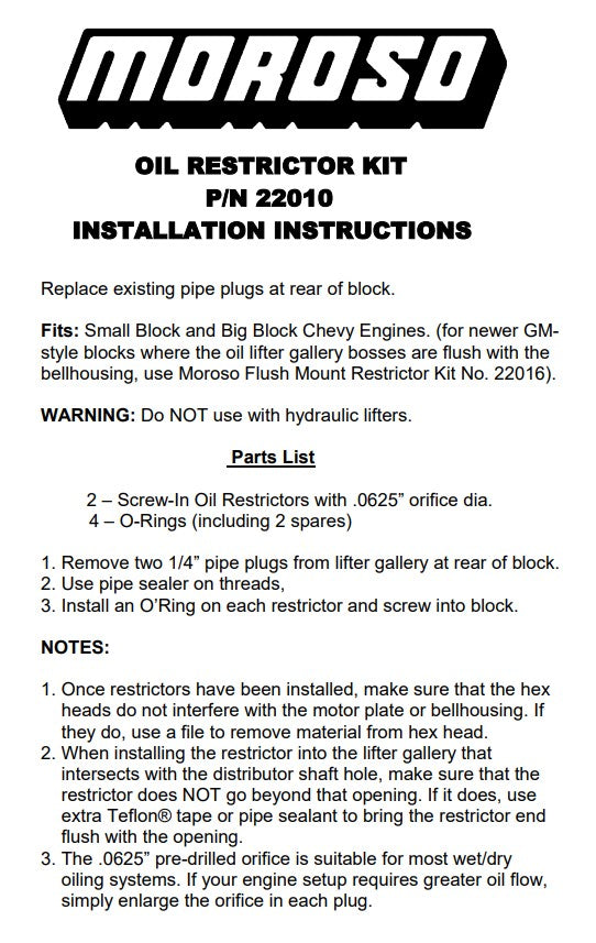 Instructions for Moroso oil Restrictors 22010