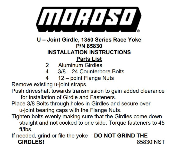 Moroso U-Joint Girdle suit 1350 Series Race Yokes 85830