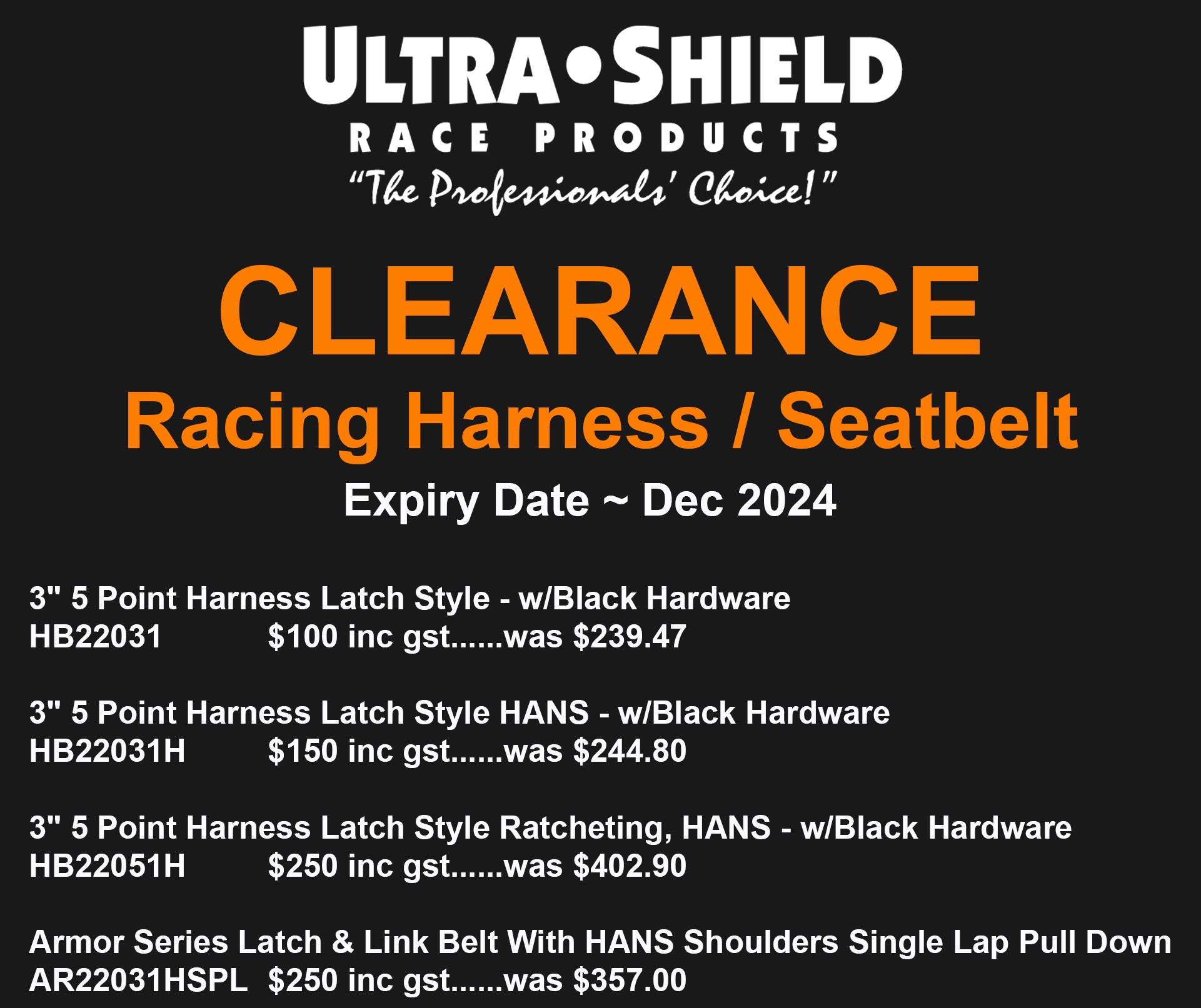 Ultra Shield Racing Harness Clearance Sale