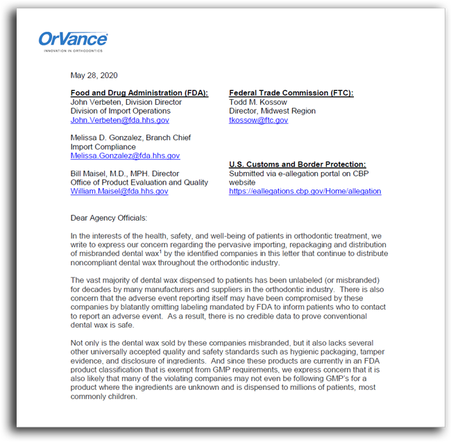 OrVance® Coalition Letter to the FDA, FTC, and U.S. Customs and Border Protection