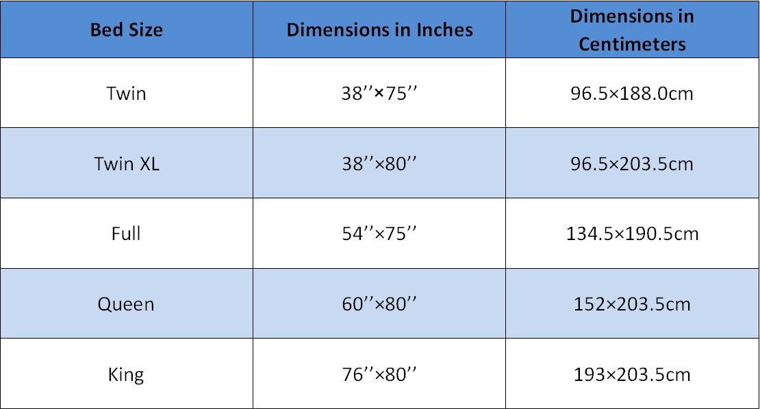 Bed size chart