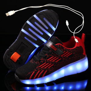 Children One Two Wheels Luminous Glowing Sneakers White Red Led Light Roller Skate Shoes Kids Led Shoes Boys Girls USB Charging